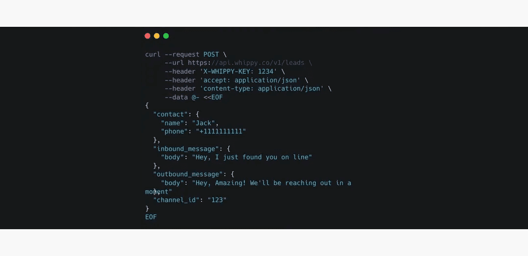 Whippy Public API example showing a POST request to create a lead with contact details and automated inbound and outbound messages