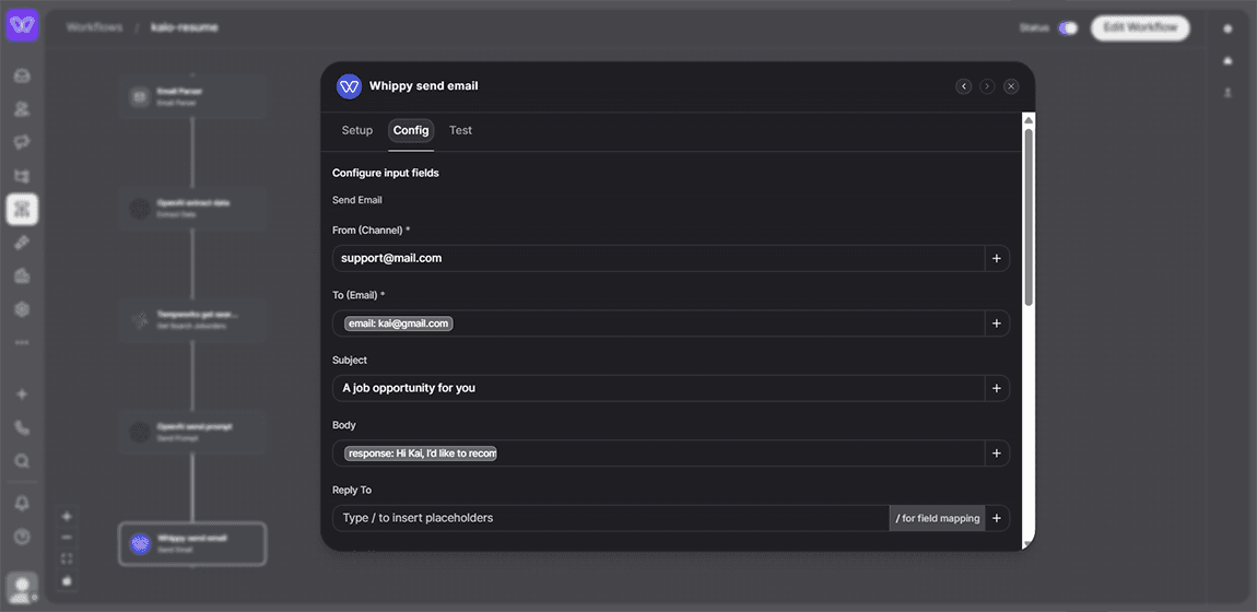 Whippy workflow builder showing a resume-processing flow: Email Parser, Extract Data, Find Candidates, Send Prompt, and Send Email steps, with the Send Email step configured to reply to a job candidate automatically