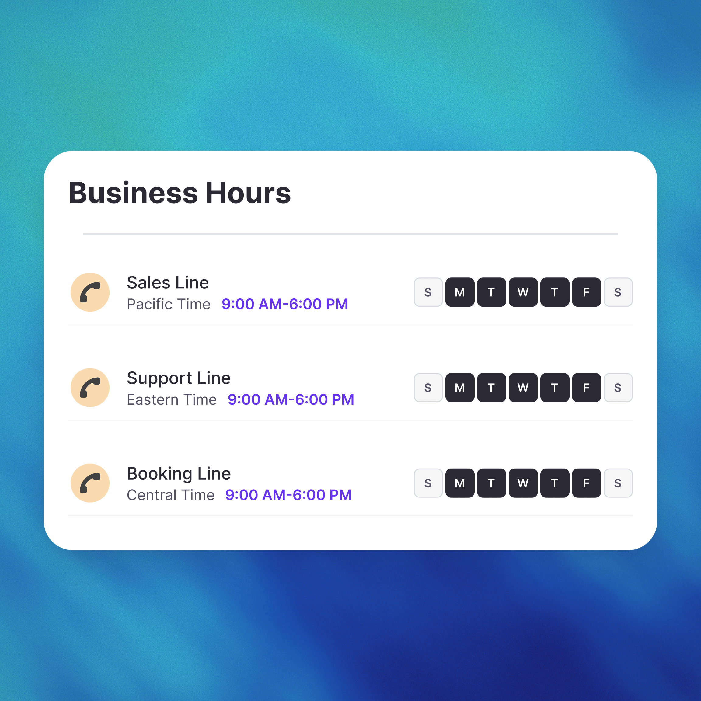 Business hours settings showing sales, support, and booking phone lines with weekday availability from 9:00 AM to 6:00 PM across different time zones