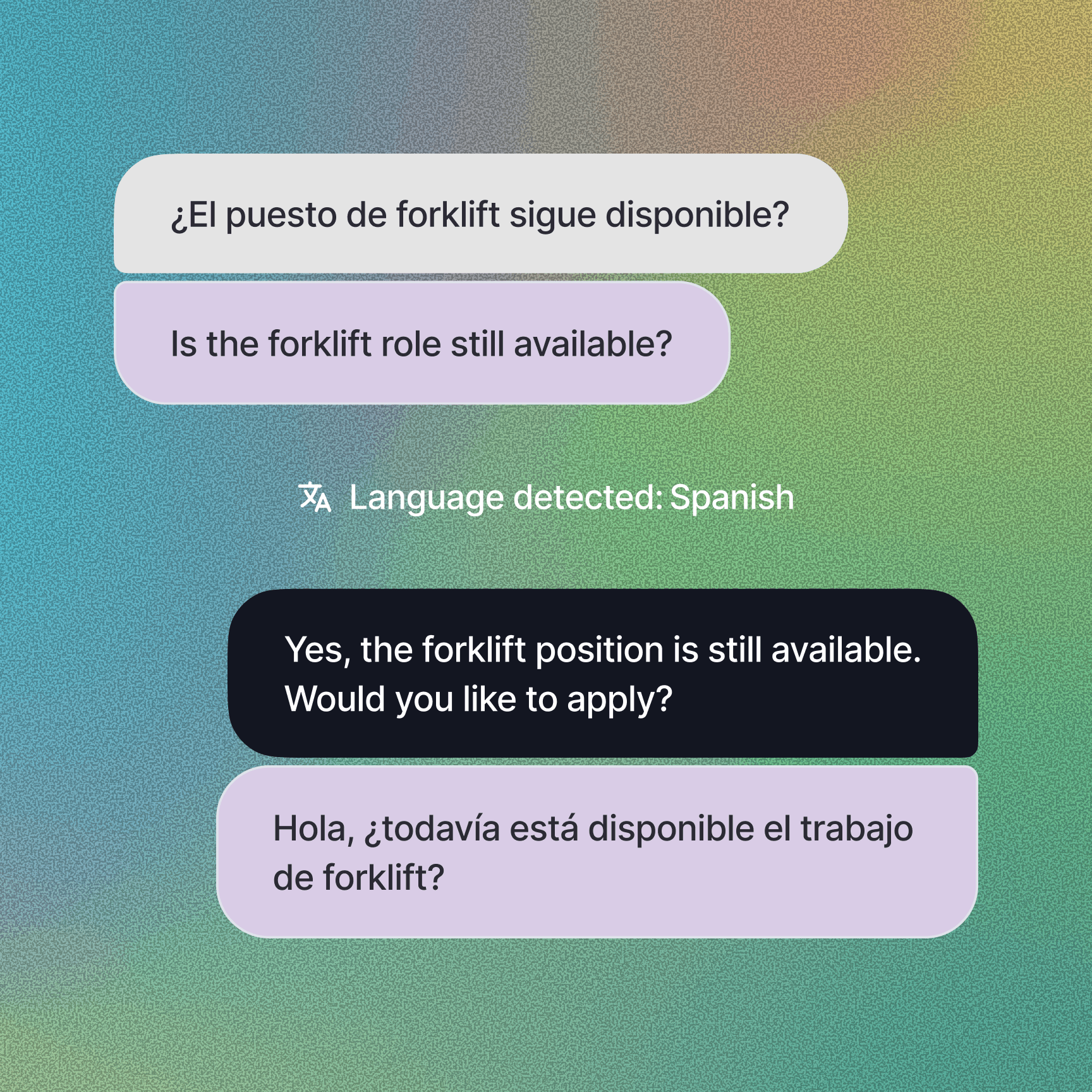 Auto-translation chat interface detecting Spanish, showing inbound message “¿El puesto de forklift sigue disponible?” translated to “Is the forklift role still available?” and an English reply automatically translated back into Spanish for the user.