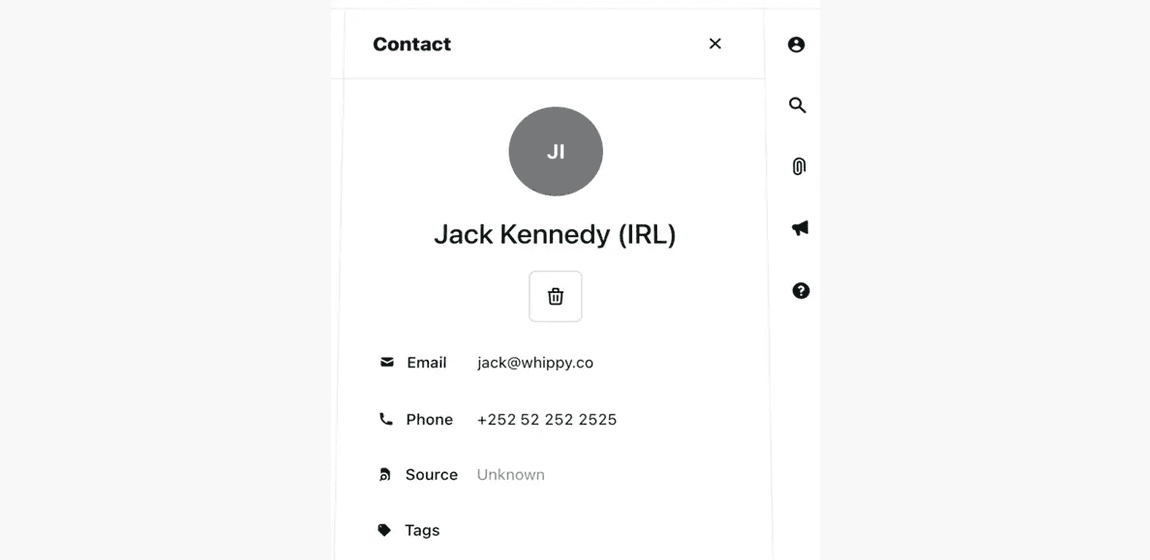Contact profile panel in the Whippy platform showing contact details for Jack Kennedy, including email address, phone number, source, and tags, with a clean SaaS interface and a vertical navigation sidebar for contact management