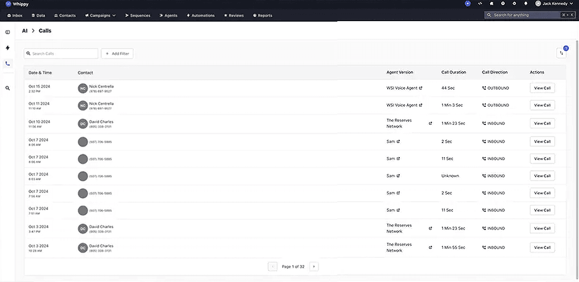 Whippy dashboard showing the Calls section with a searchable table of call logs, including date and time, contact names and phone numbers, assigned agent versions (e.g., Voice Agent or Sam), call duration, call direction (inbound or outbound), and action buttons to view each call.