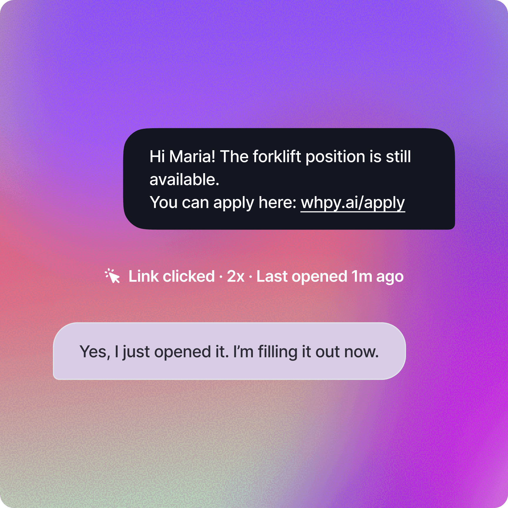 SMS conversation showing a job application message with a tracked link, including engagement data such as link clicked twice and last opened one minute ago, followed by a candidate reply confirming they are completing the application