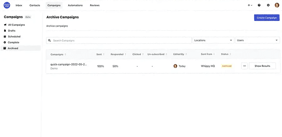Whippy Campaigns dashboard showing the Archived Campaigns page with a searchable campaign list, delivery and response metrics, status, location and user filters, and campaign results
