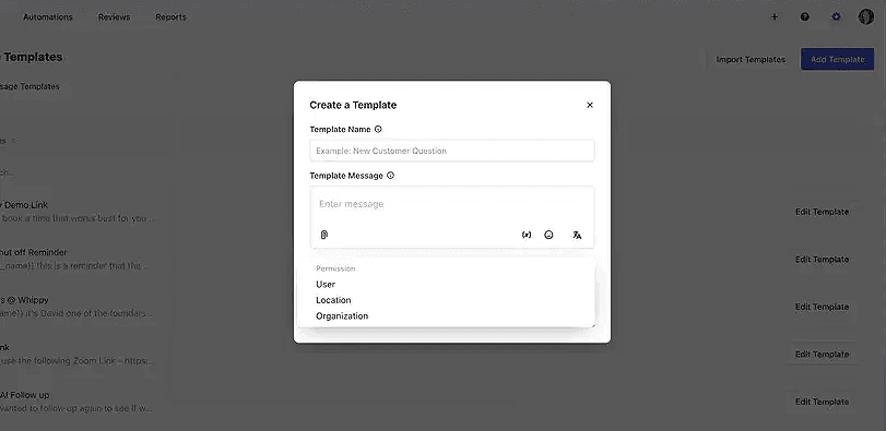 Whippy message template editor showing template name and message fields with permission settings for user, location, or organization access
