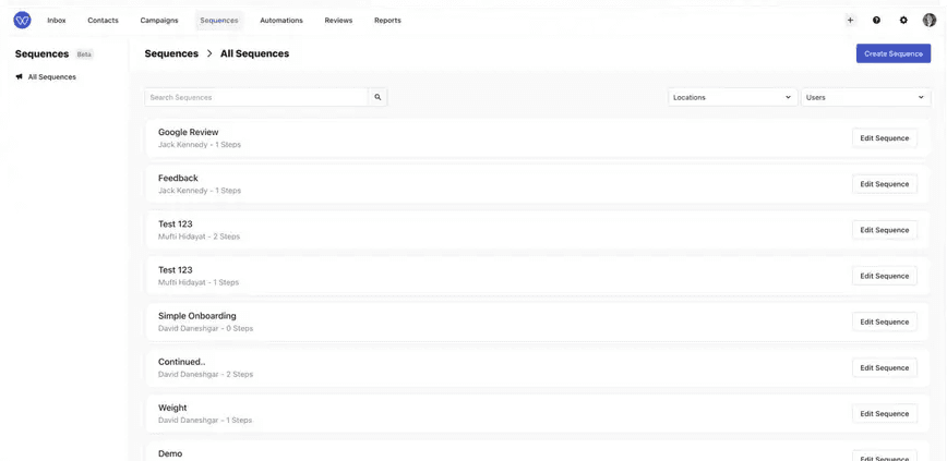Whippy Sequences dashboard showing automated messaging sequences with search, location, user filters, and editing options