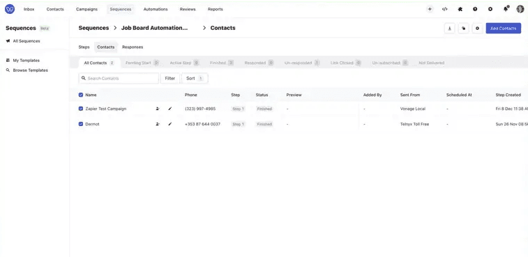 Whippy sequence contacts dashboard showing bulk selection, contact status tracking, filtering, sorting, and sequence management actions