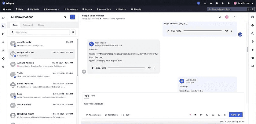 Whippy inbox interface displaying an active conversation with a Google Voice number, including a list of recent conversations on the left and a chat-style thread on the right with call recordings, transcripts, timestamps, and playback controls for voice interactions.