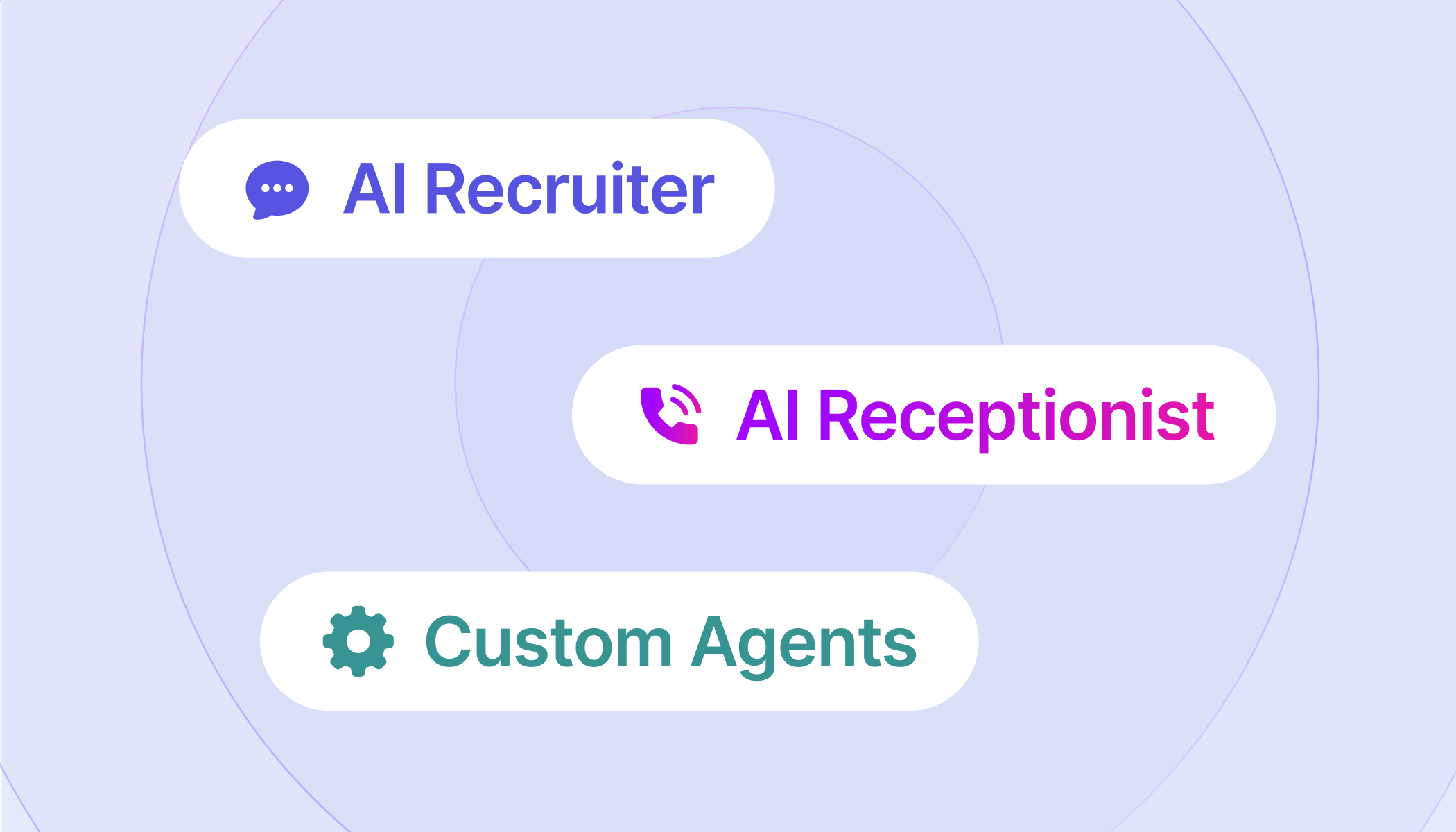 Illustration of AI agents that integrate with Avionté, featuring AI Recruiter, AI Receptionist, and Custom Agents as configurable automation tools that work with staffing and recruiting data