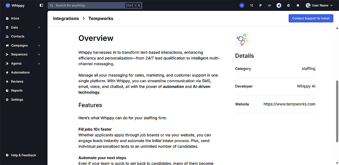 Whippy AI dashboard showing the Tempworks integration overview page, highlighting AI-powered messaging for staffing firms, including features like faster job placement, automated candidate engagement, and multi-channel communication via SMS, email, voice, and chatbot, with integration details displayed on the right panel.
