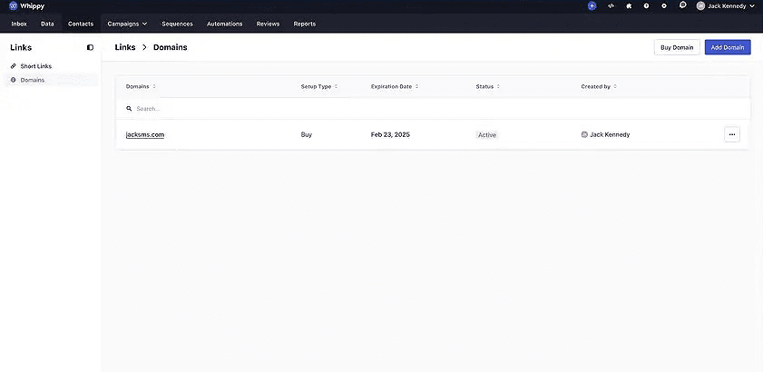 Whippy domains management table with Buy Domain and Add Domain actions