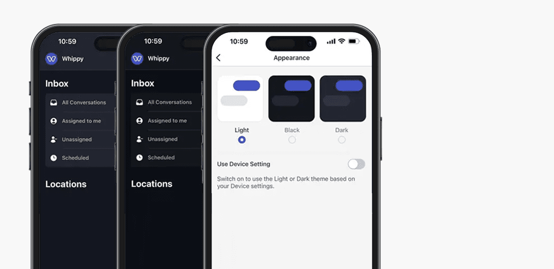 Whippy mobile app showing Light, Black, and Dark appearance settings with device theme synchronization