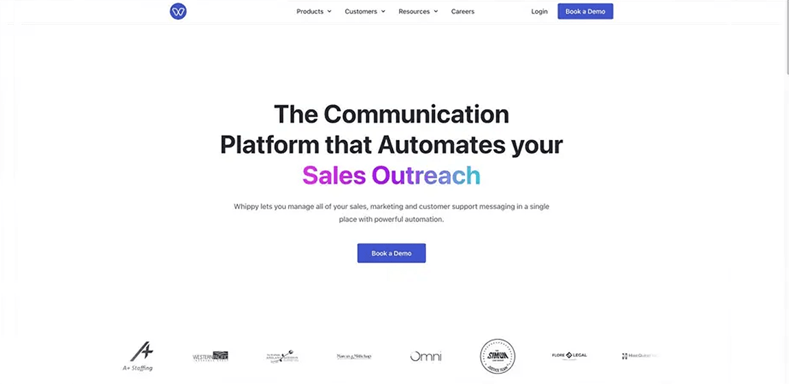 AI communication platform homepage for Whippy showing automated sales outreach solution, demo call-to-action, and customer brand logos.