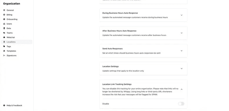 Whippy location settings showing link tracking controls and automated response configuration for business and after-hours messaging