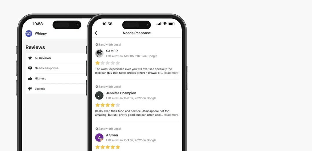 Whippy reputation management app screenshot showing a Needs Response inbox with filterable Google customer reviews and star ratings for local businesses