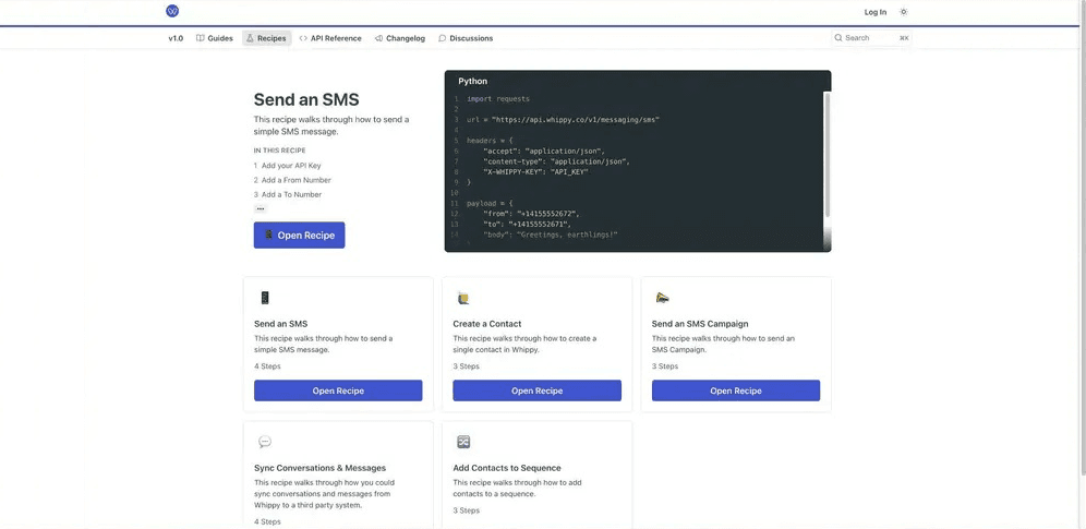 Whippy API documentation showing a Send an SMS recipe with Python code and developer guides for creating contacts, sending SMS campaigns, syncing messages, and adding contacts to sequences