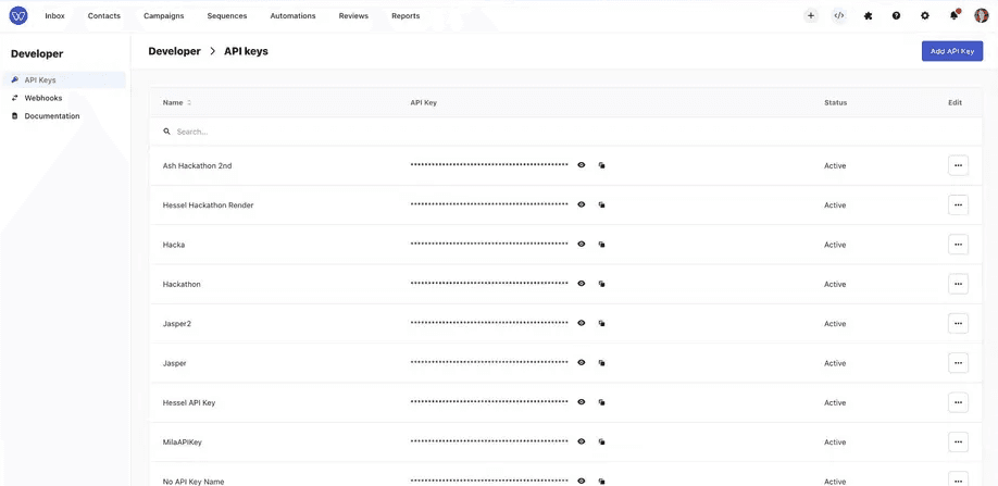 Whippy Developer Portal showing API key management with active keys, search, visibility, copy, and editing controls