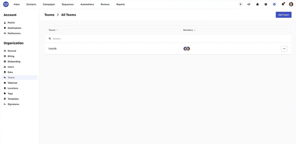 Whippy Teams settings showing team management, assigned members, search, and options to add or edit teams