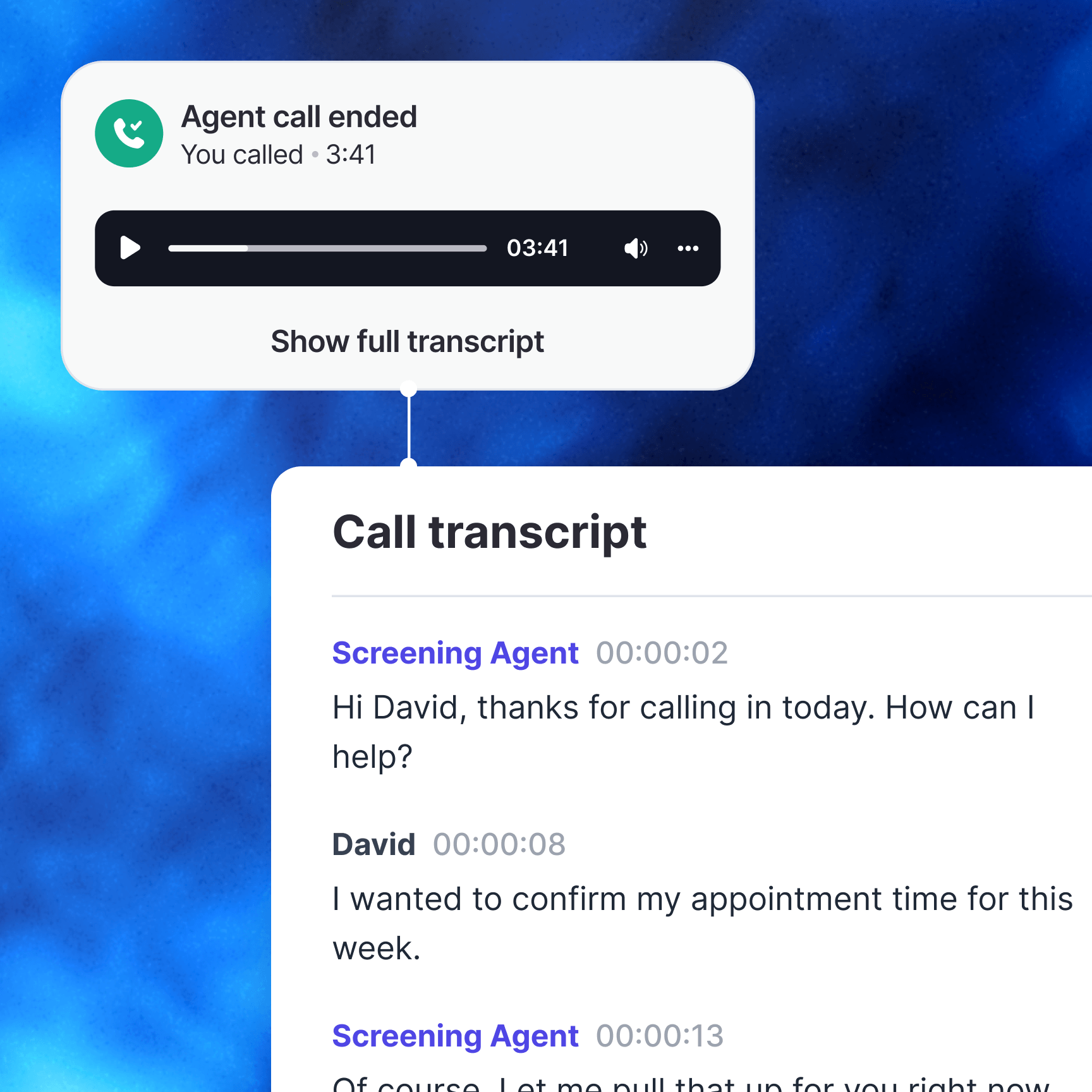Whippy ended call with recording player and expandable full transcript showing agent and customer dialogue