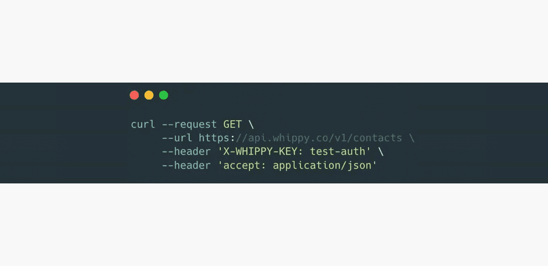 Whippy Public API example showing a GET request to retrieve contacts using API key authentication
