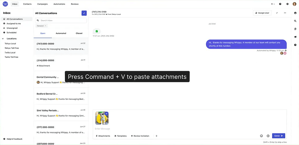 Whippy Inbox showing the Command + V keyboard shortcut to paste image attachments directly into a customer conversation message